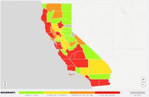 Map of California counties classified by performance/disparity quadrant