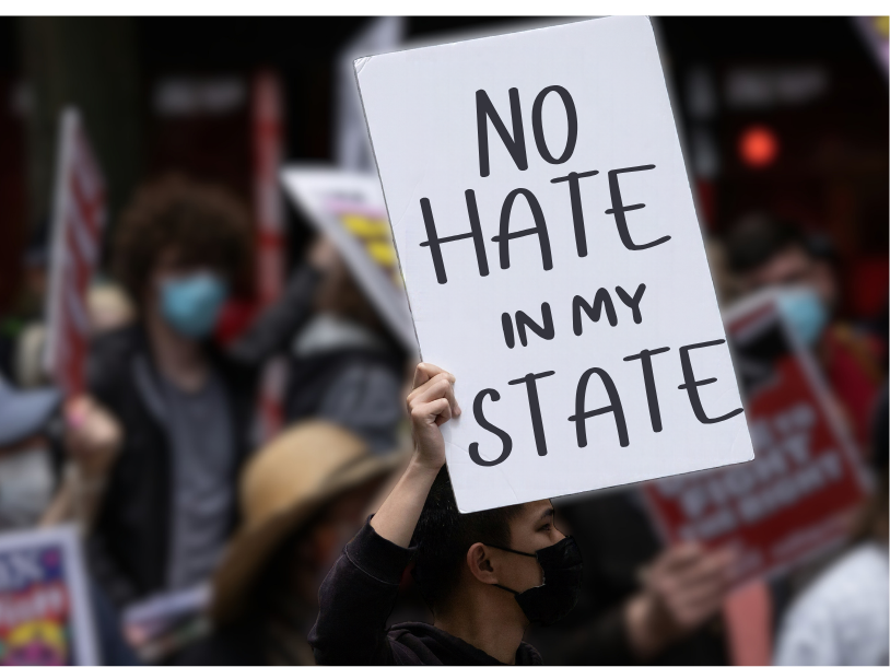 Protest against hate crimes with sign that says 